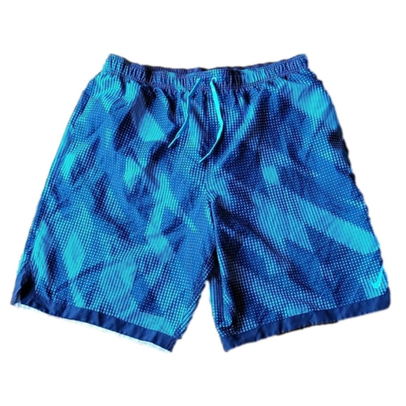 Nike Blue Geometrical Men Swim Trunks Sporty Lined Side Pockets Strings Vintage - Picture 1 of 16